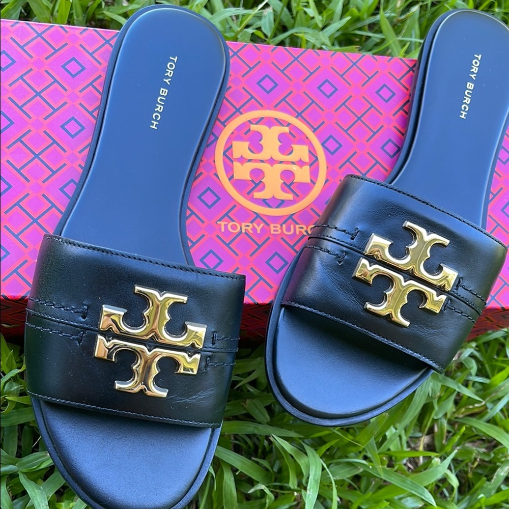 Tory Burch Black Slides with Gold Logo